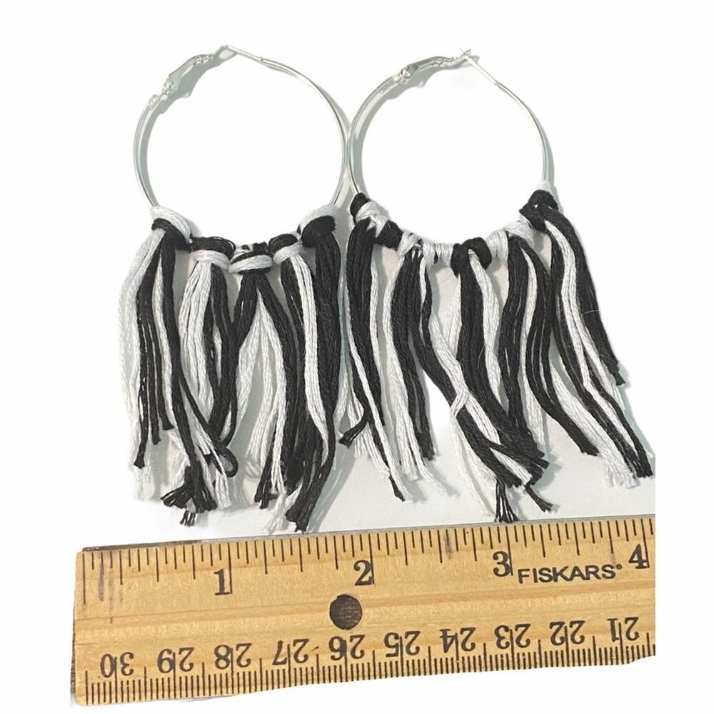 Boho Fringe Tassel Hoop Statement Earrings Black White Silver Tone‎ Big Festival - Picture 3 of 3